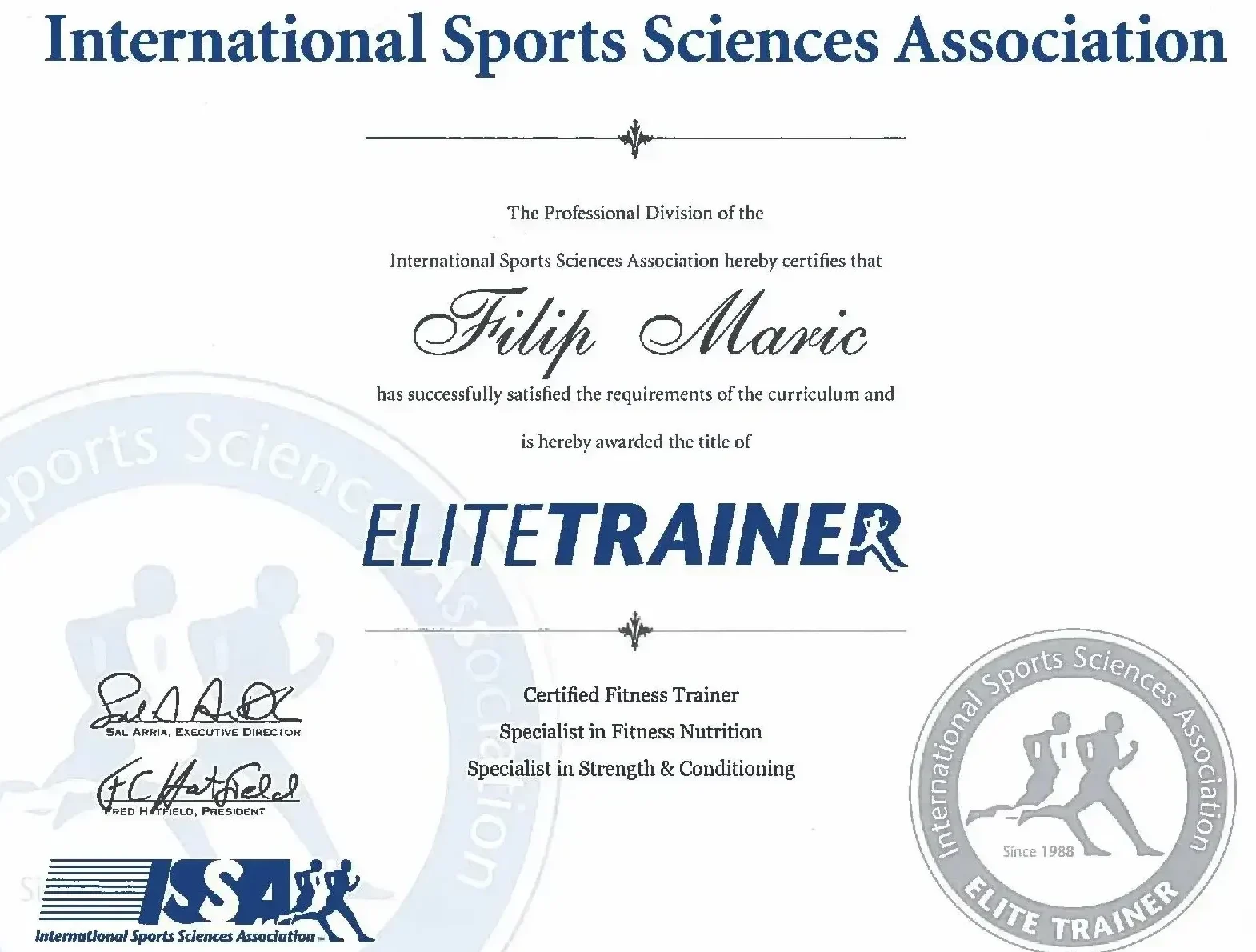 International Sports Sciences Association Elite Trainer certificate awarded to Filip Marić