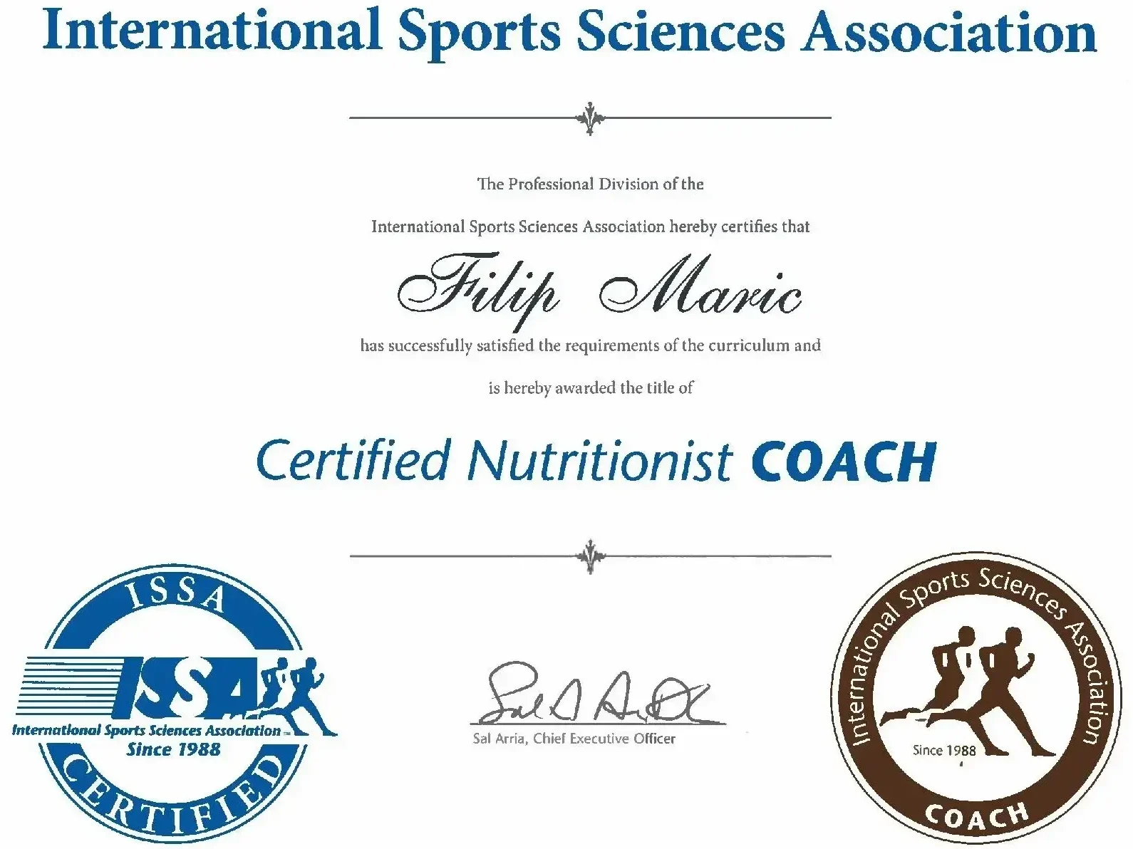 International Sports Sciences Association Certified Nutritionist Coach certificate issued to Filip Marić