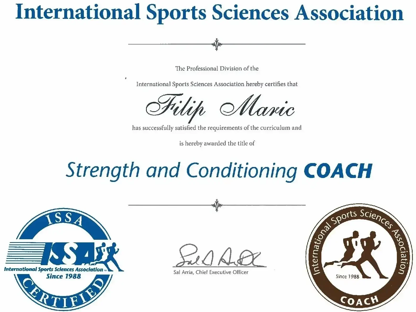 International Sports Sciences Association Strength and Conditioning Coach certificate awarded to Filip Marić