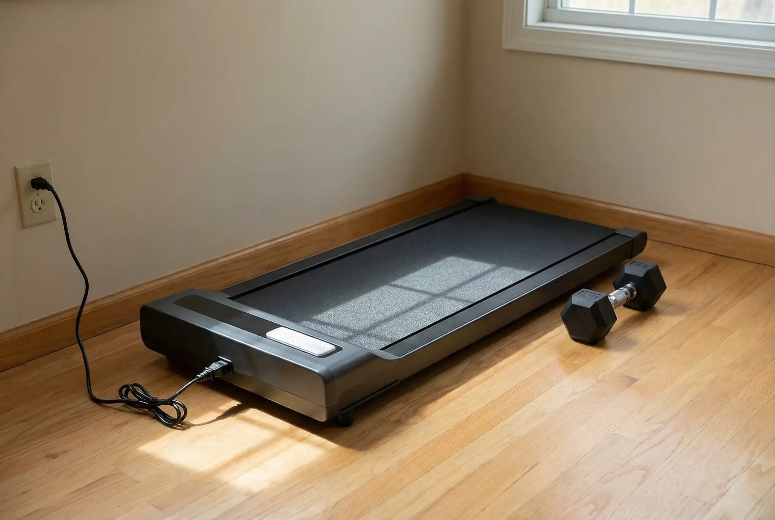 Abonow Walking Pad slim treadmill on hardwood flooring with control panel and dumbbell beside it in a home corner