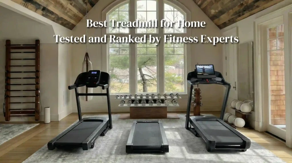 Three different treadmill styles displayed in luxury home gym with arched windows, exposed wood beams, and chrome dumbbell collection - traditional folding treadmill, compact walking pad, and premium treadmill with touchscreen