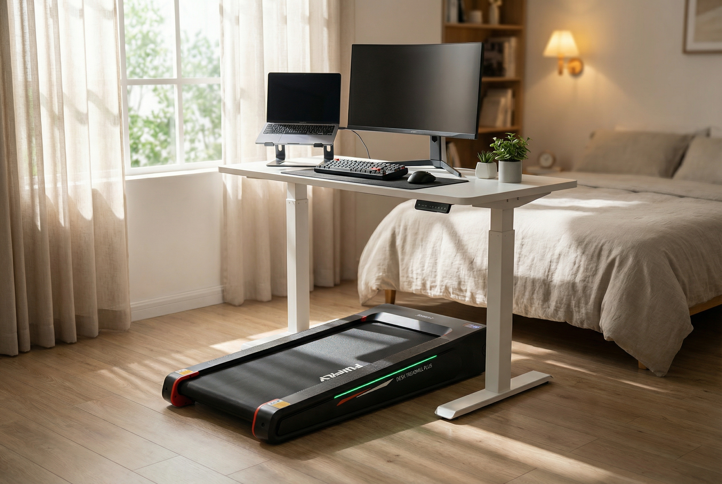 FUNMILY Walking Pad under standing desk in modern bedroom workspace with dual monitor setup and natural window lighting