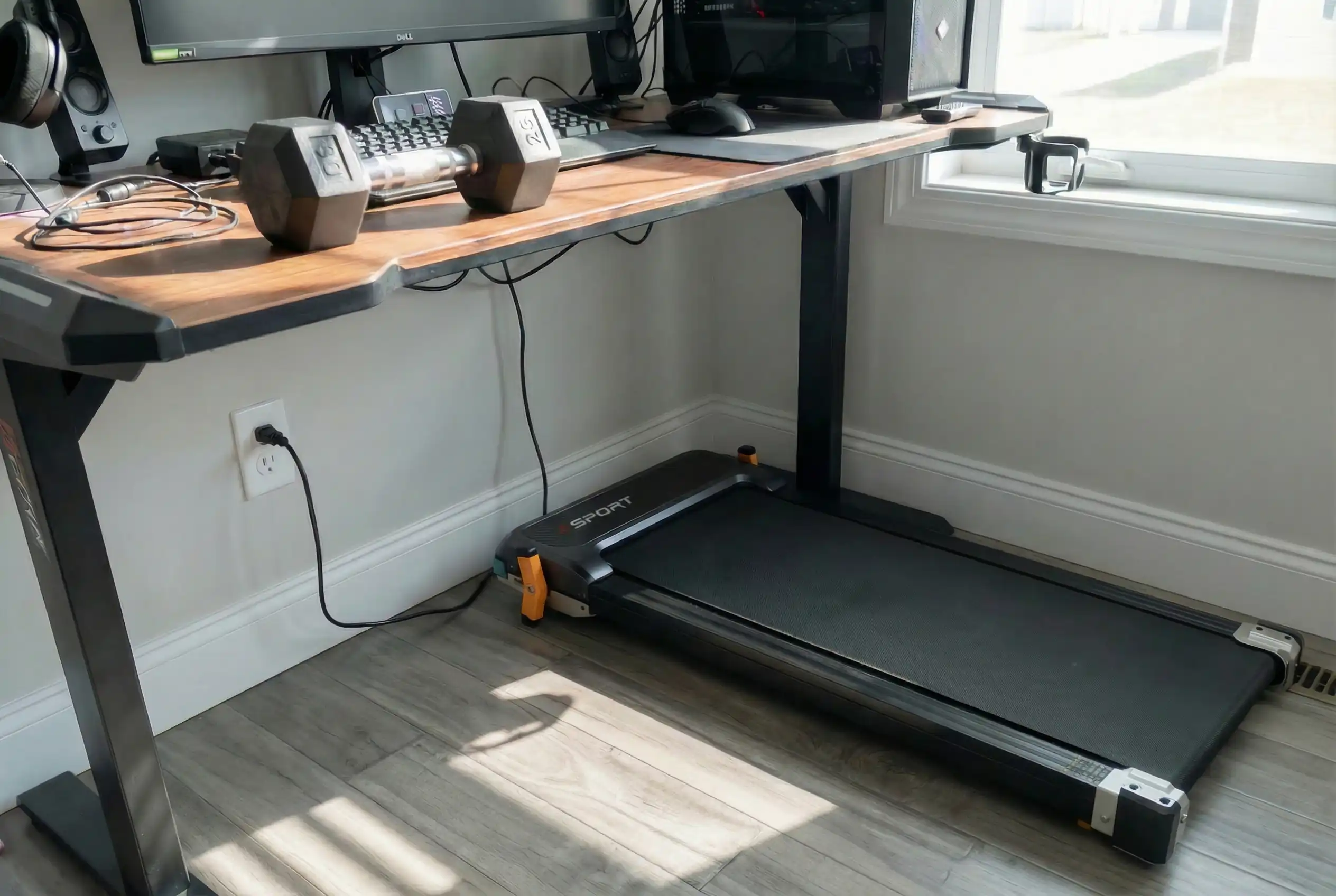 Funray Dual-Sided Walking Pad positioned under a standing desk workspace for active work-from-home setup