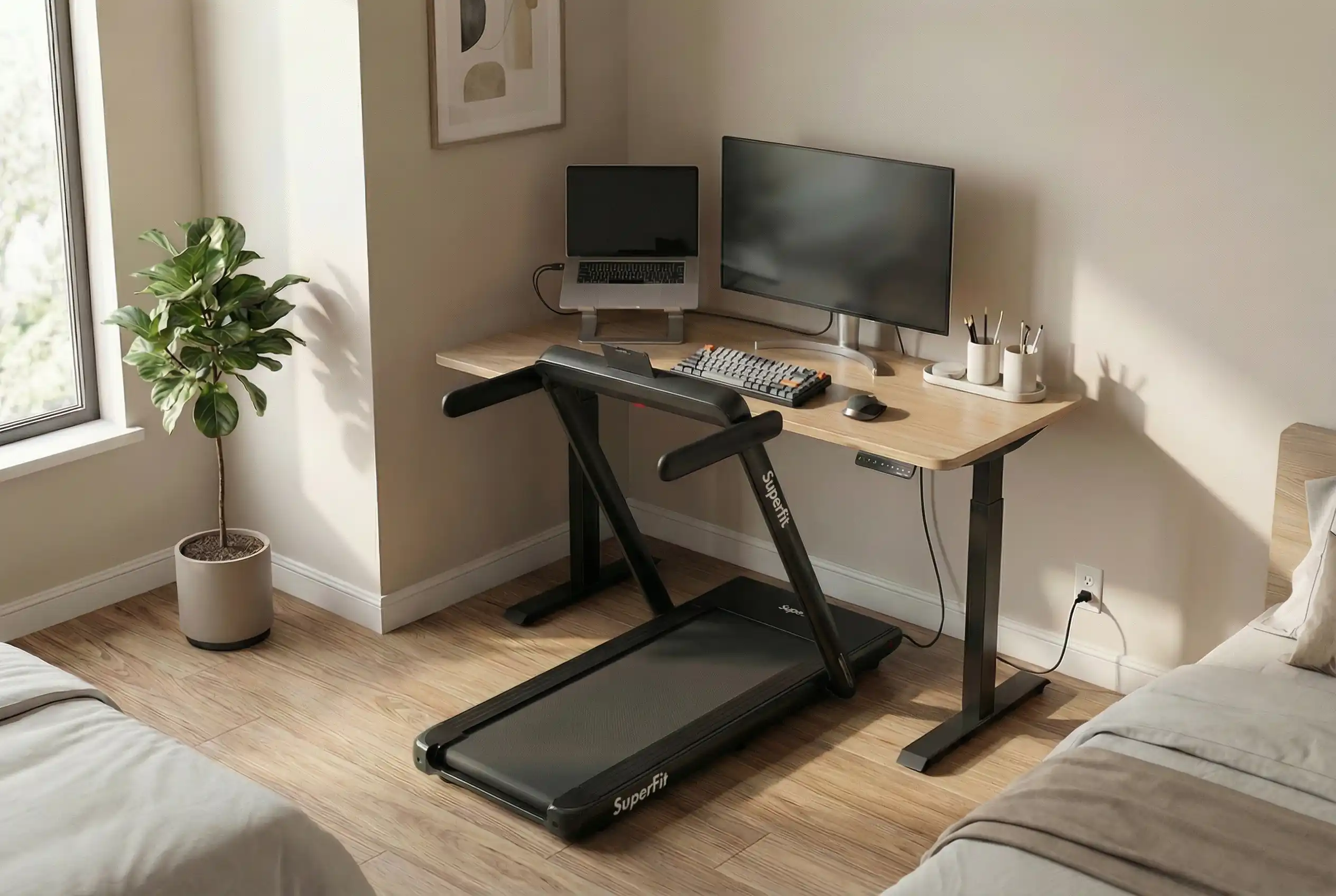 Goplus 2-in-1 treadmill with handrail extended for upright walking mode under standing desk workspace with natural lighting