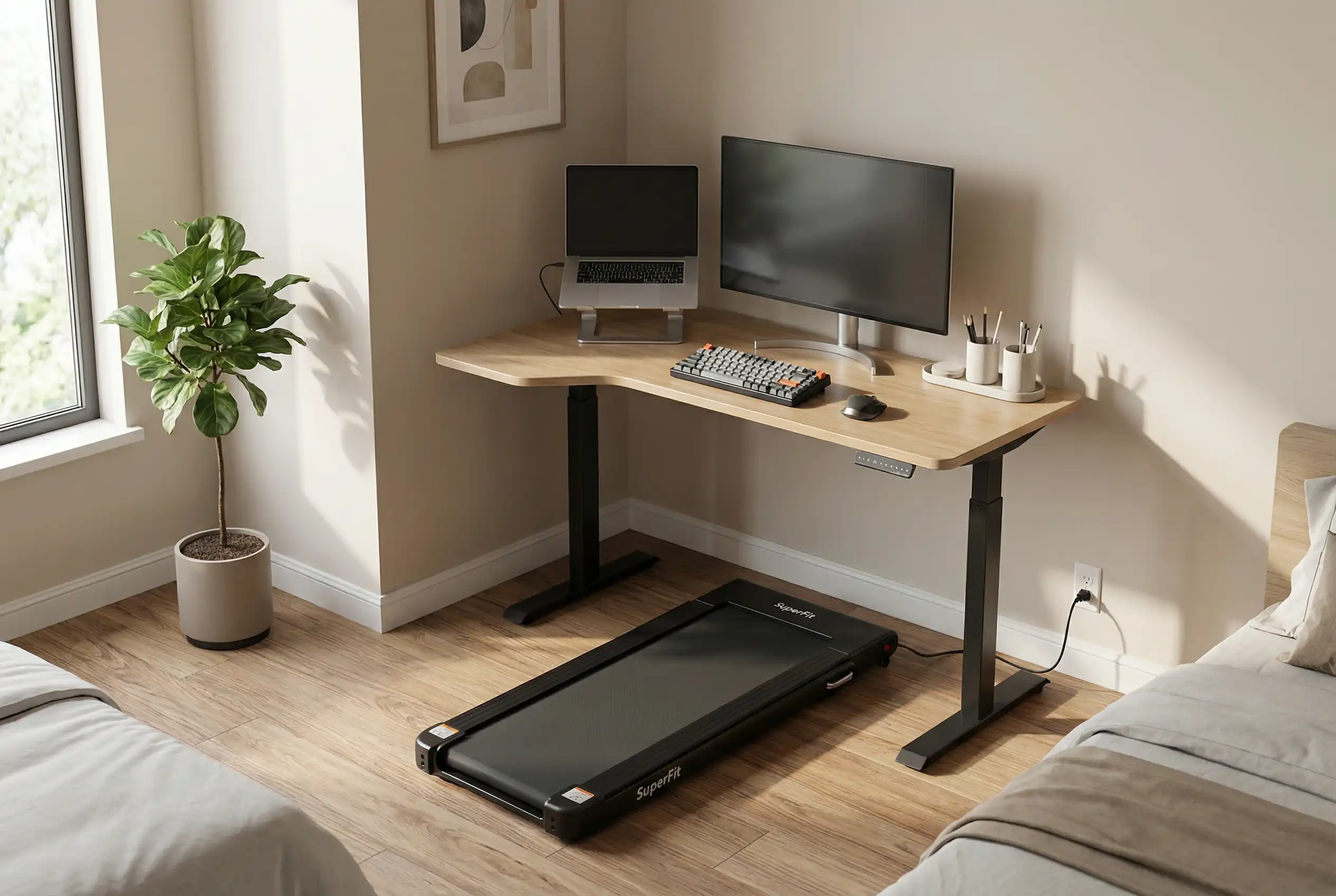 Goplus 2-in-1 walking pad in folded position under height-adjustable standing desk in modern home office with indoor plants