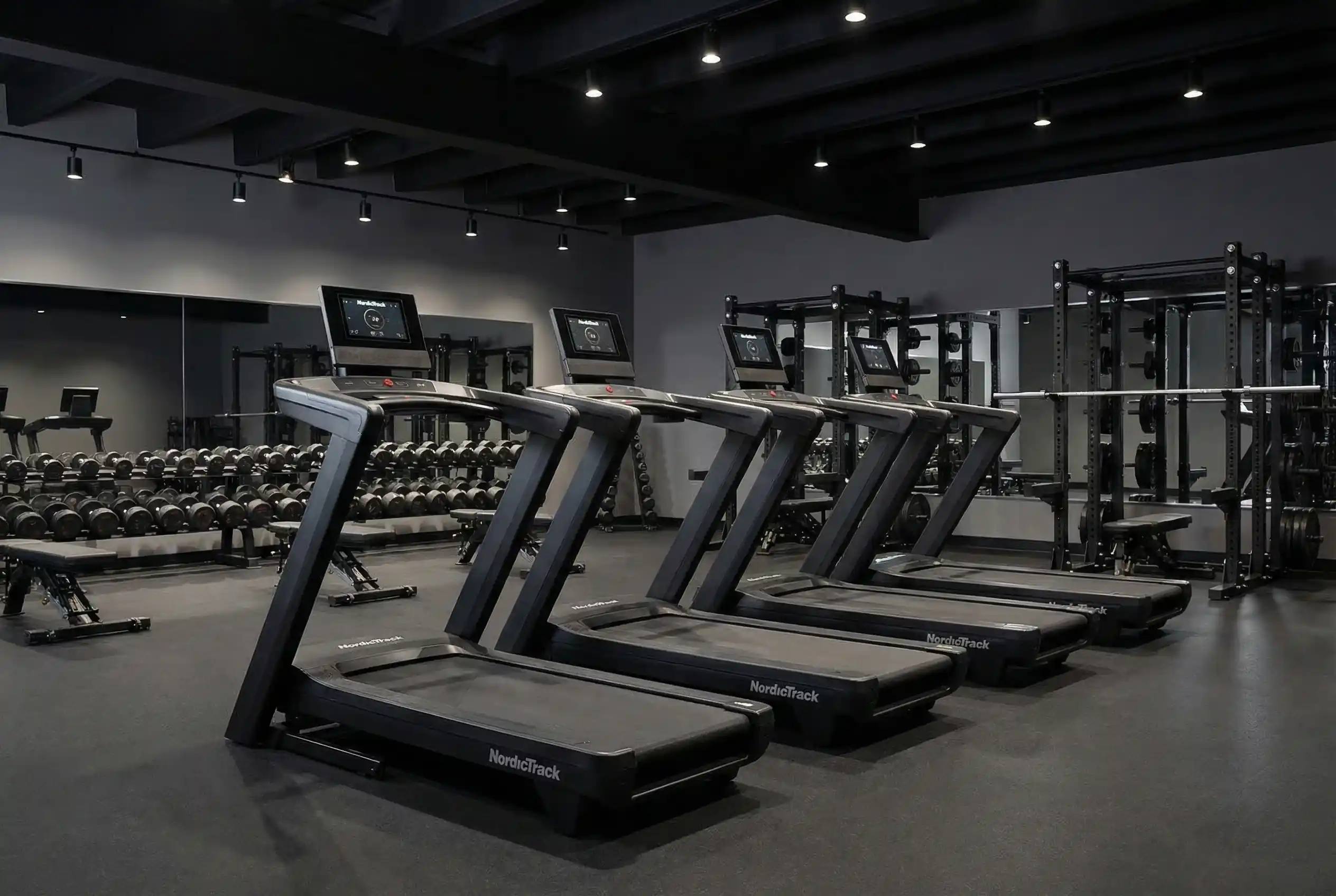 Multiple NordicTrack Commercial 1250 treadmills lined up in a professional gym facility with weight racks and mirrors