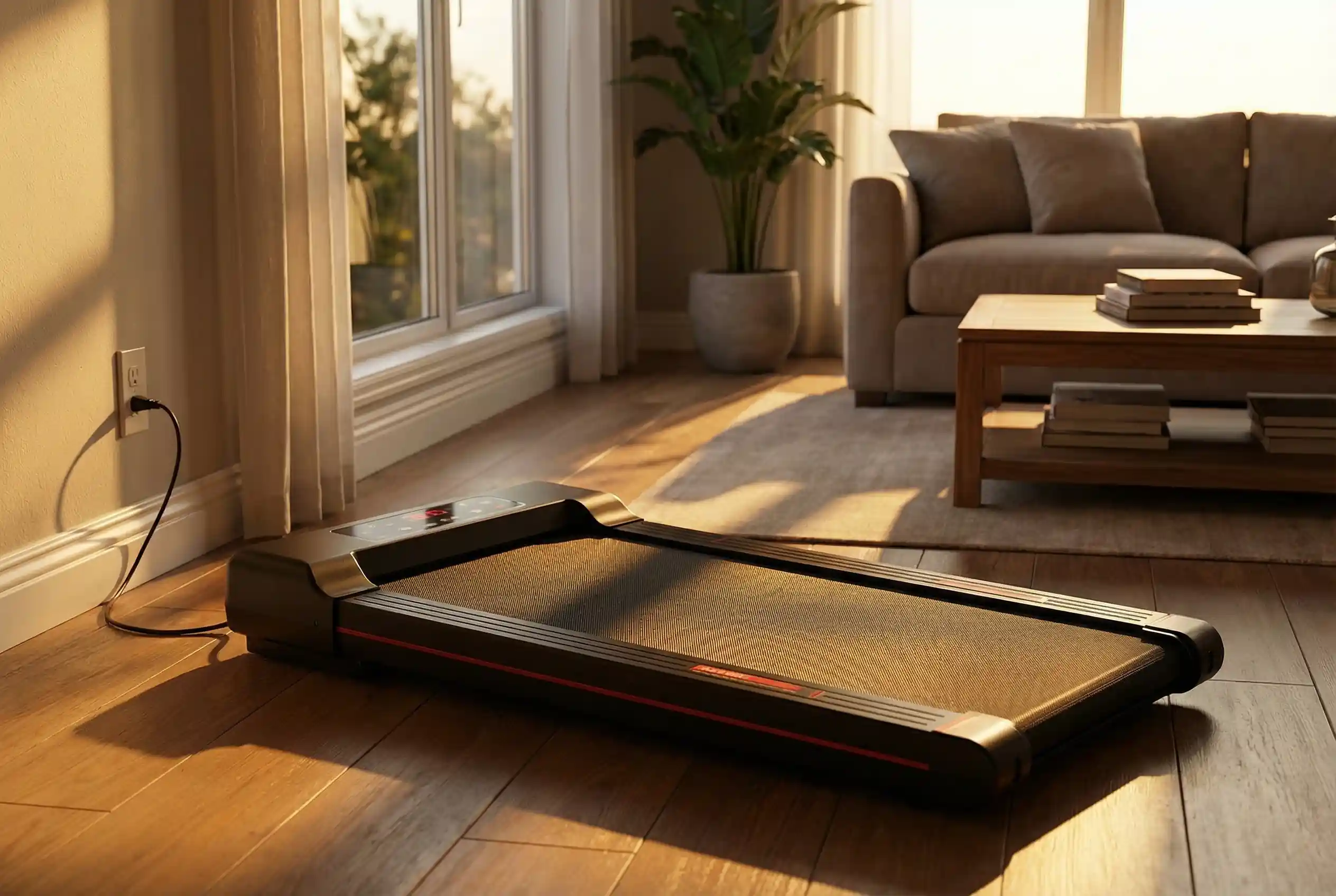 Sperax Walking Pad compact treadmill positioned in a modern living room with natural lighting and contemporary furniture