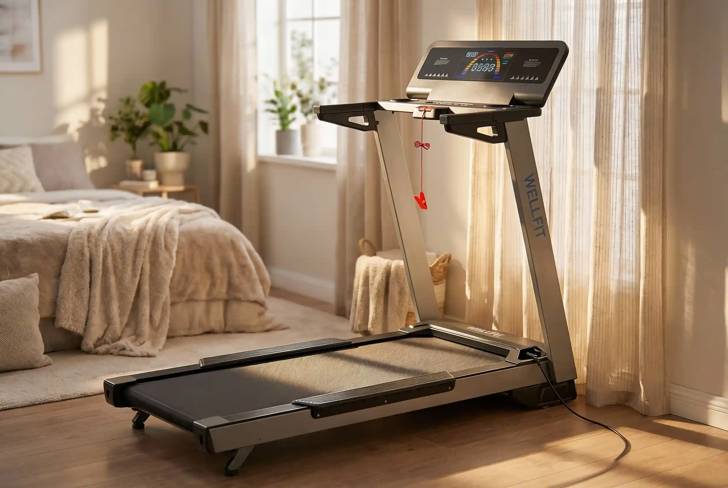 WELLFIT Heavy Duty Treadmill with safety key feature in a bedroom home gym setup with folding capability