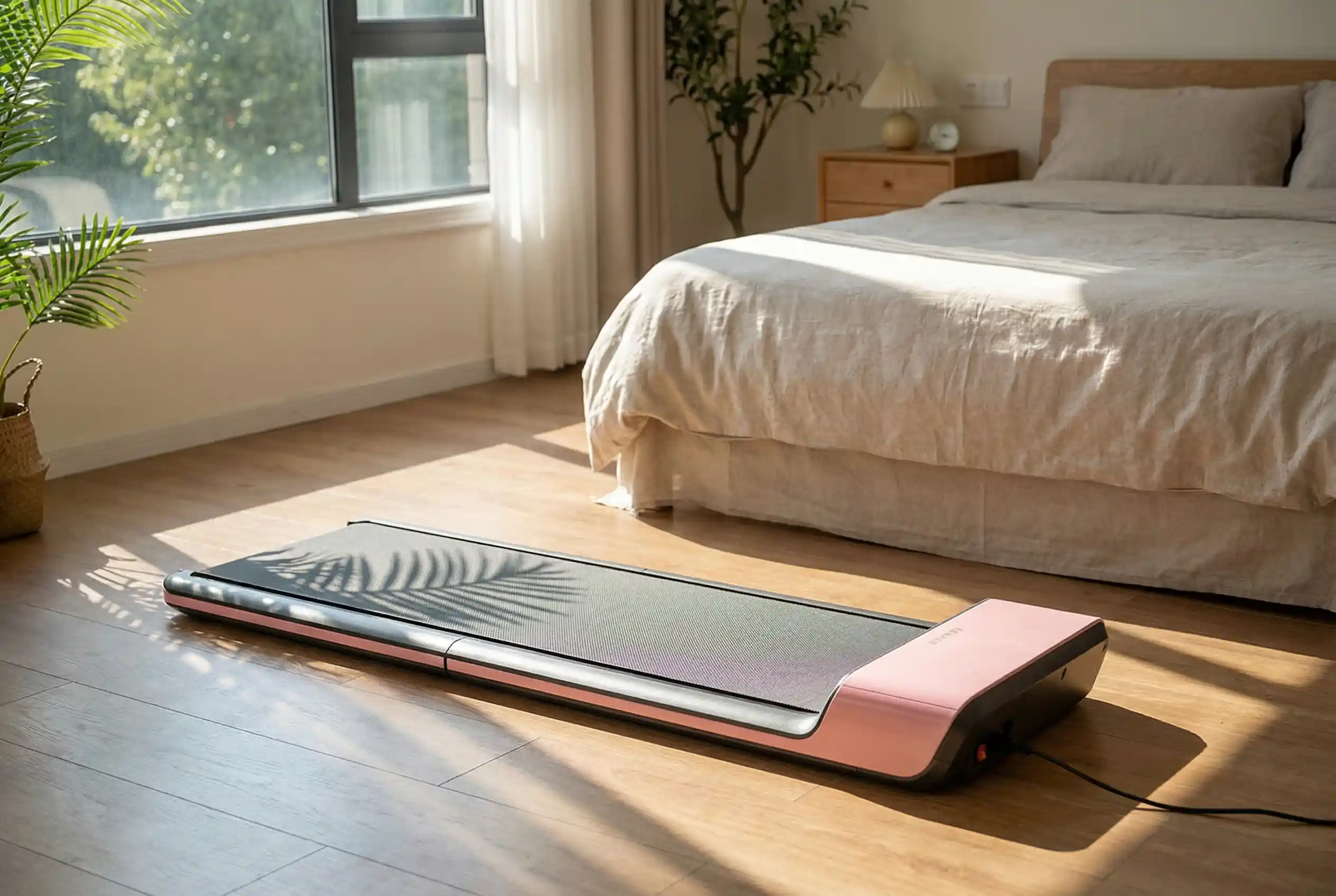 Walking Pad P1 compact treadmill with pink accent trim positioned on exercise mat in sunlit bedroom with houseplants