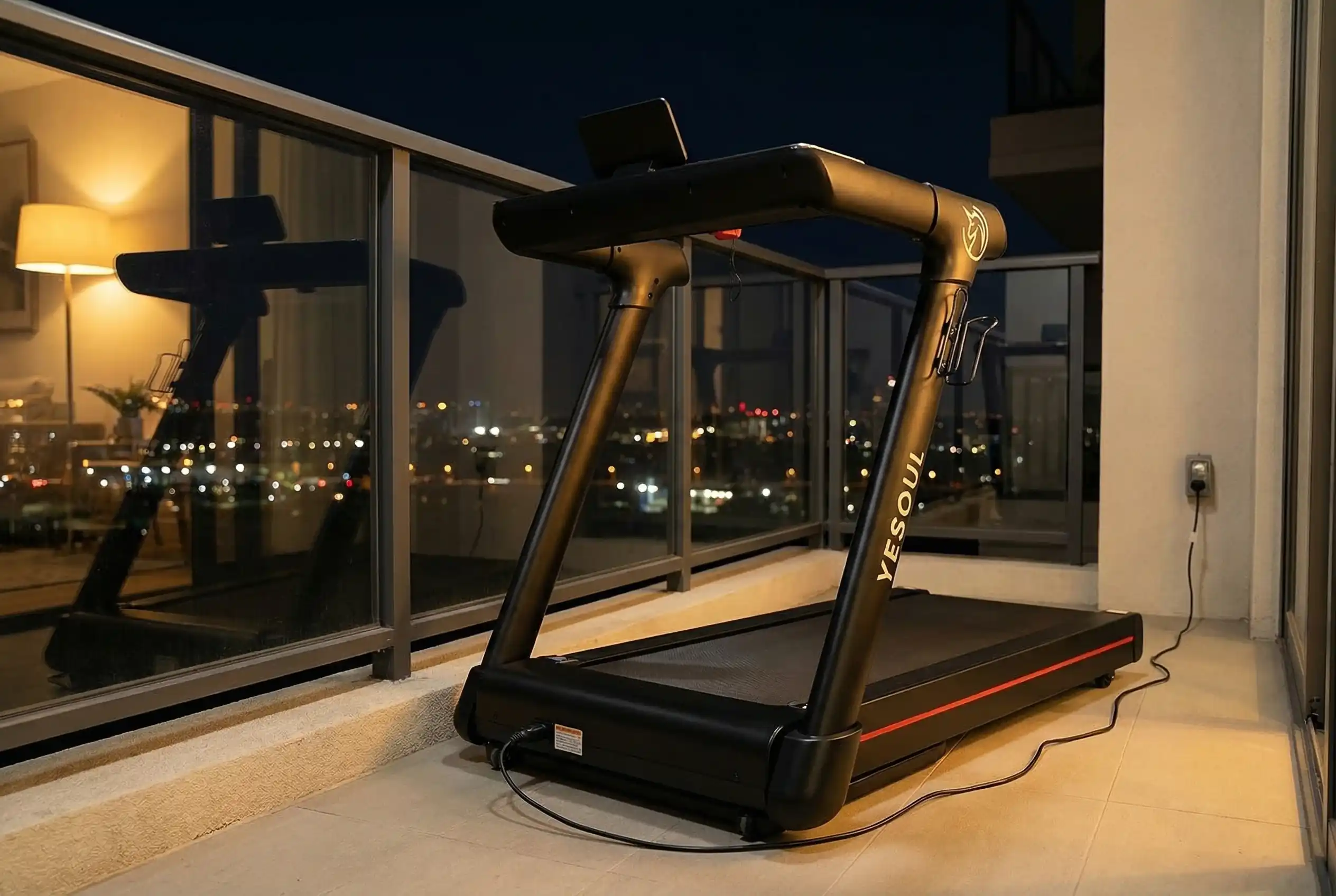 YESOUL T3s treadmill with gold metallic finish displayed on an urban balcony with city lights in the background