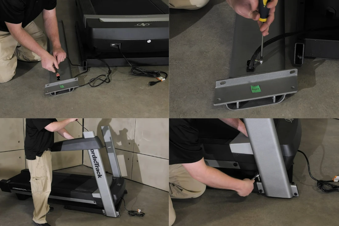 Attach the uprights tep-by-step assembly of a treadmill upright: threading cables, grounding, and bolting the post to the frame.