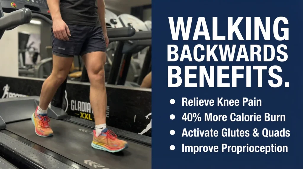 Benefits of Walking Backwards header image showing Milutin walking backwards on commercial treadmill in black athletic shirt and shorts with colorful running shoes at gym, with blue text overlay listing benefits: Relieve Knee Pain, 40% More Calorie Burn, Activate Glutes & Quads, and Improve Proprioception