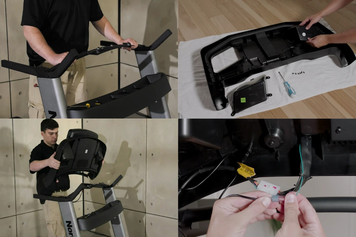 Connect the console Step-by-step assembly of a treadmill upright: threading cables, grounding, and bolting the post to the frame.
