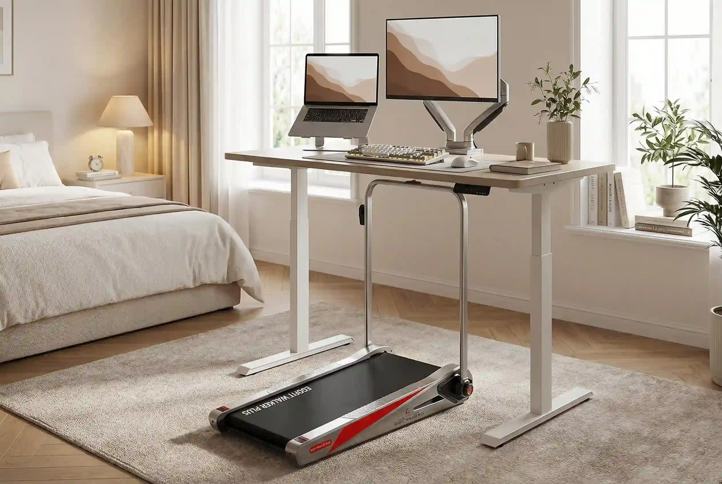 Egofit Walker Plus M1T under desk treadmill with red accent trim beneath white standing desk in bright bedroom workspace with dual monitors