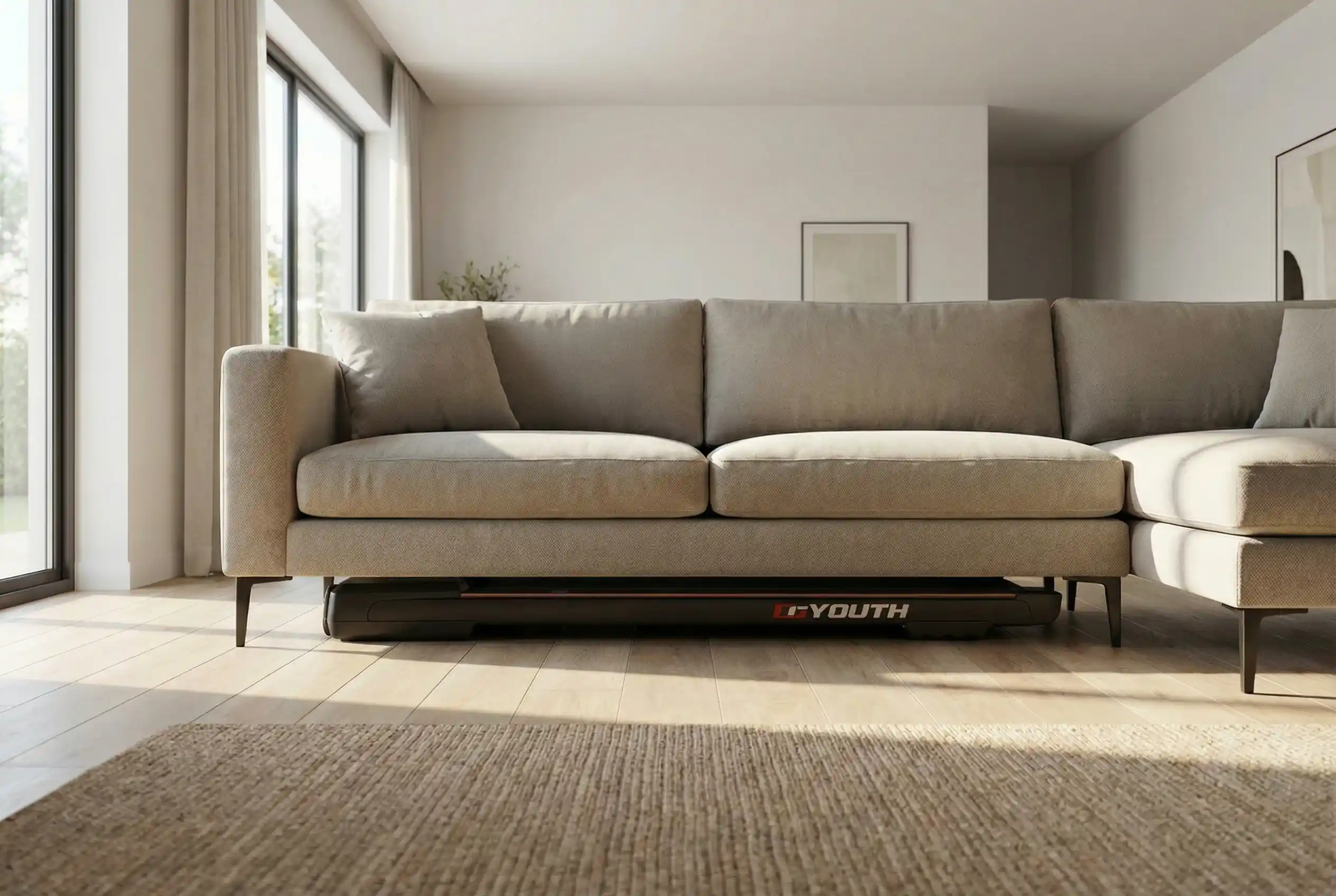 GO YOUTH 2-in-1 Treadmill stored under beige sectional sofa in minimalist contemporary living room with floor-to-ceiling windows