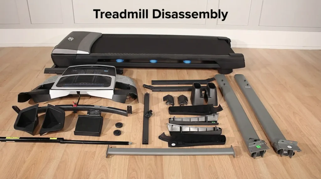 Treadmill Disassembly header image showing completely disassembled treadmill with main running deck at top and all component parts organized on hardwood floor including console, upright posts, motor covers, frame pieces, and hardware, with text overlay 'Treadmill Disassembly