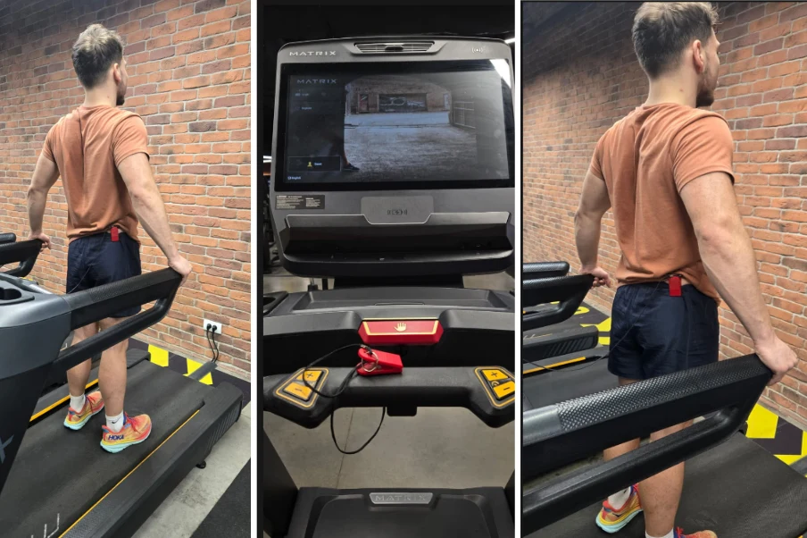 Three-panel collage showing a man standing on a treadmill and a close-up of the red safety emergency stop clip attached to the console.