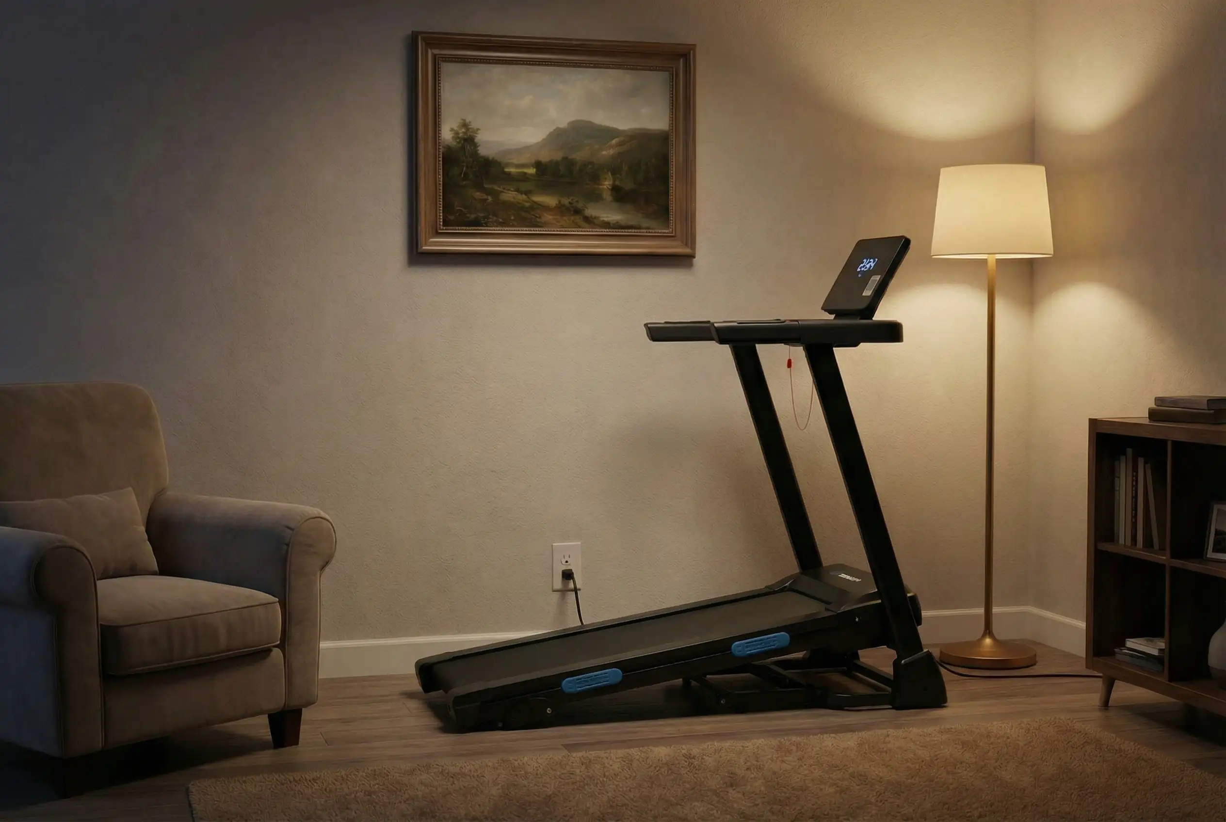 Merach Incline Treadmill with tablet holder and blue accent lighting in evening home setting with framed landscape artwork