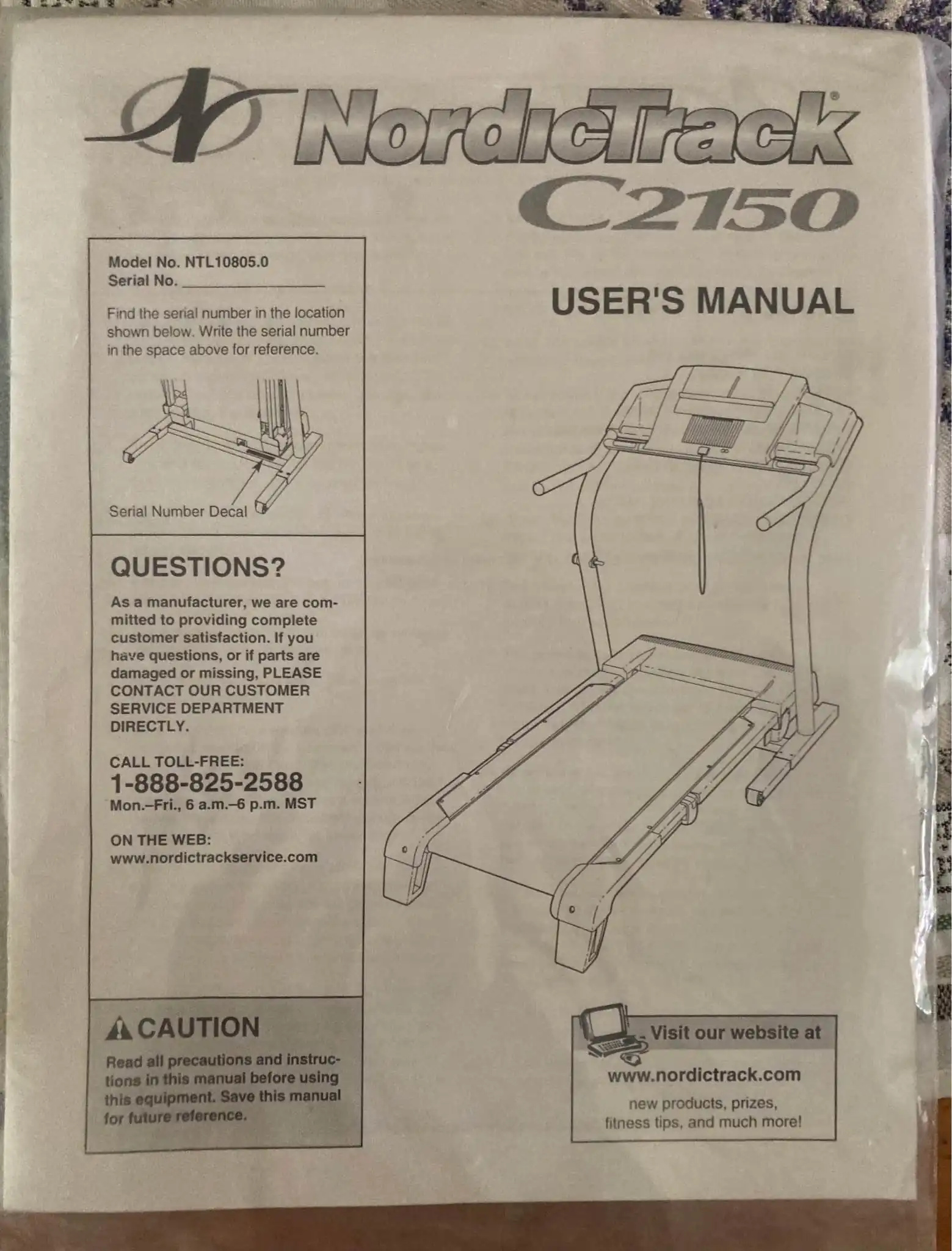 NordicTrack C2150 treadmill user manual cover page showing model number NTL10805.0, technical diagram of treadmill, serial number location illustration, customer service phone number, and caution warnings