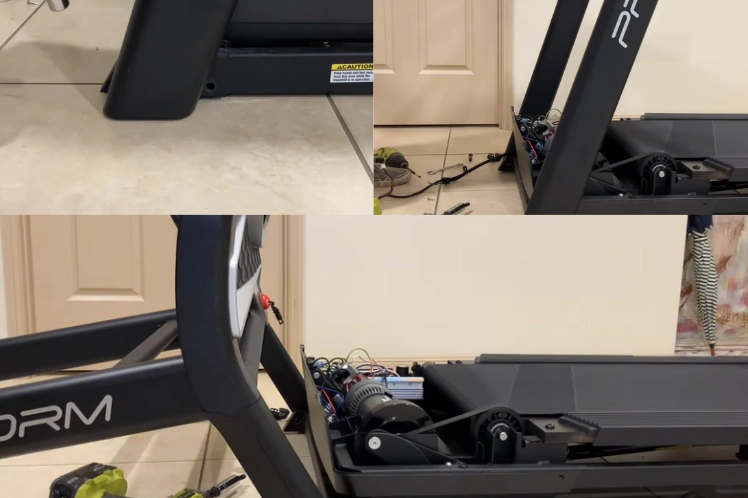 Treadmill maintenance guide: How to remove side rails and the motor cover to access the drive belt and internal wiring.