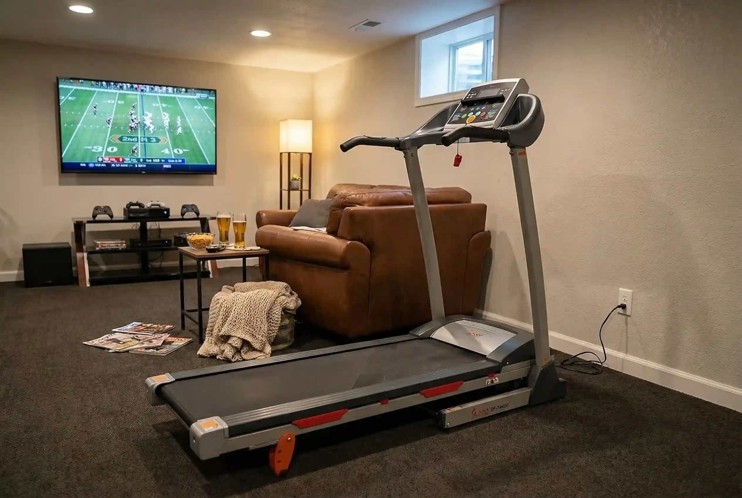 Sunny Health & Fitness Classic treadmill in basement entertainment room with wall-mounted TV, leather recliner, and gaming console setup