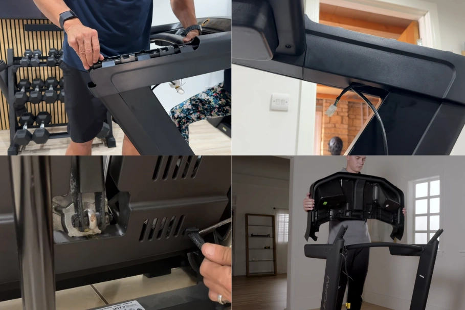 Four-panel collage showing the step-by-step process of disassembling and removing a treadmill console.