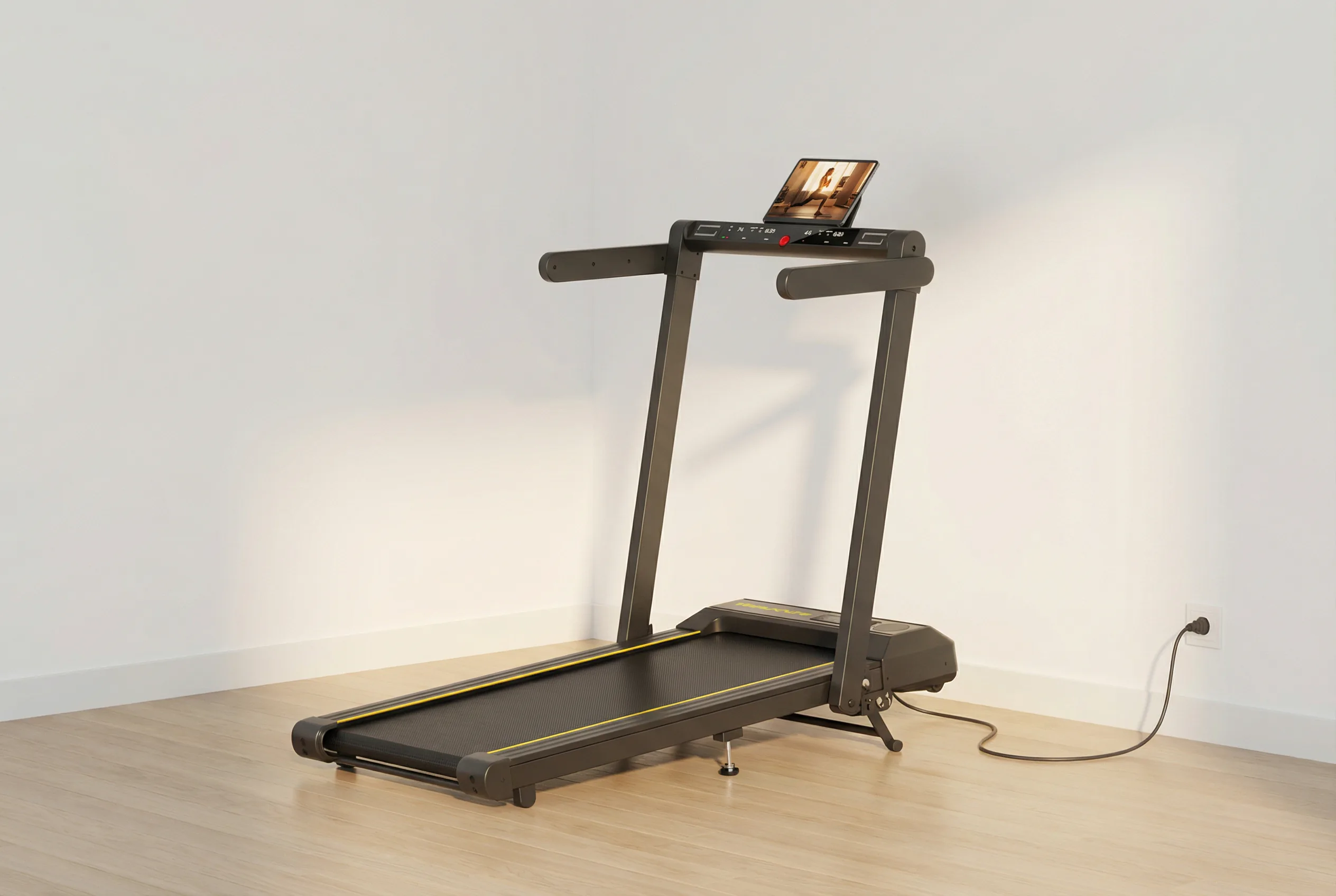 Toputure Walking Pad treadmill with tablet holder and yellow accent trim on hardwood floor against white wall