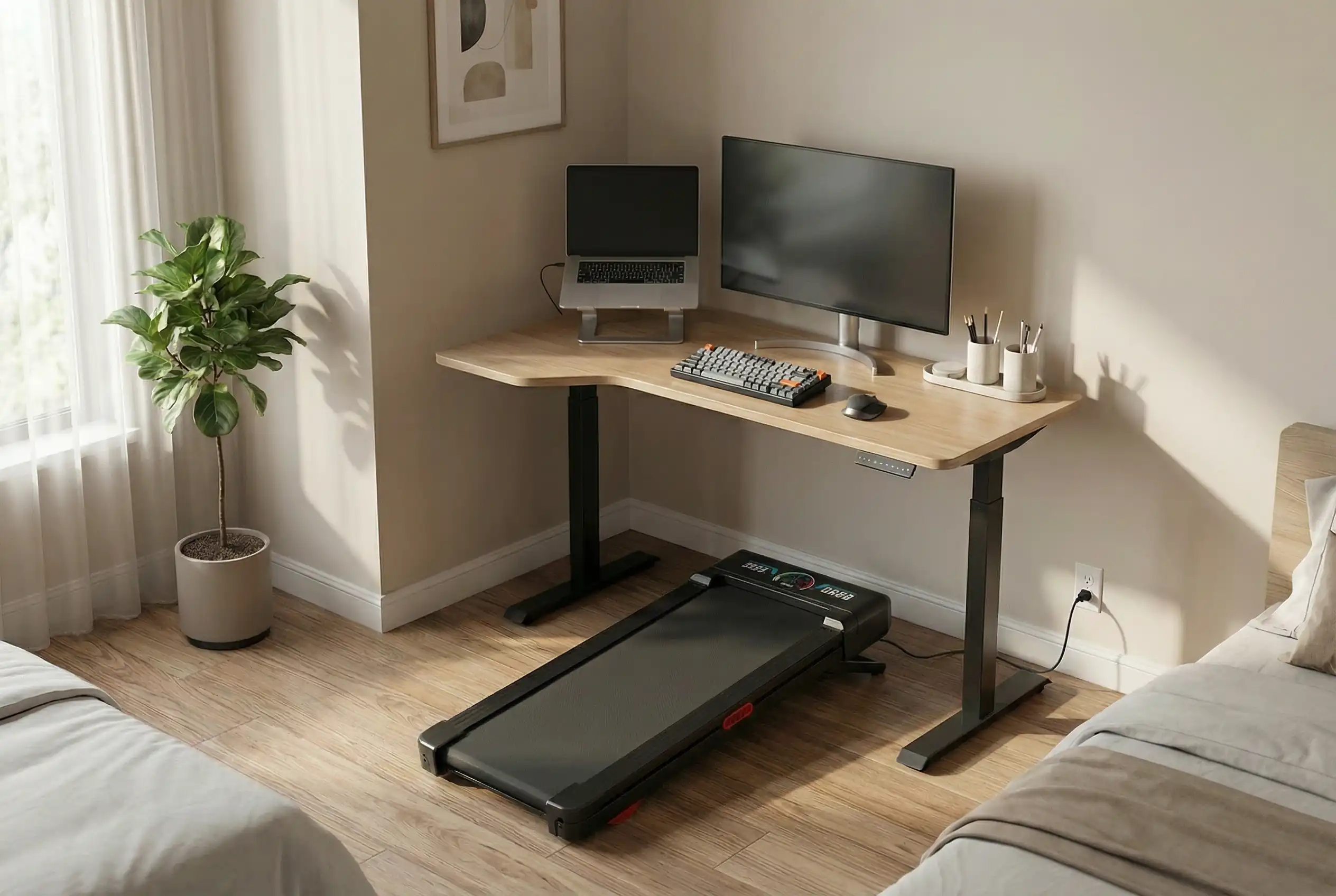 Trailviber Walking Pad treadmill with LED display under height-adjustable standing desk in bright bedroom office with indoor plant