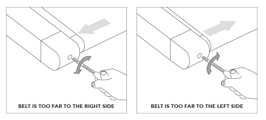 Treadmill belt centering adjustment diagram showing two scenarios - left panel illustrates turning rear roller bolt clockwise when belt drifts too far right, right panel shows adjustment when belt drifts too far left