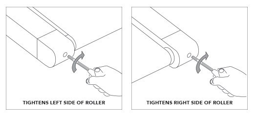 Treadmill belt tightening adjustment diagram showing two scenarios - left panel demonstrates tightening left side of rear roller, right panel shows tightening right side of rear roller using Allen wrench