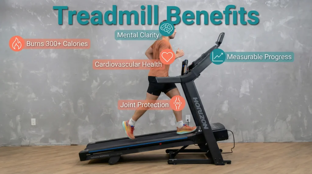 Treadmill Benefits header image showing Milutin running on incline treadmill in orange shirt and black shorts against industrial gray wall, with infographic overlays highlighting benefits: Burns 300+ Calories, Mental Clarity, Cardiovascular Health, Measurable Progress, and Joint Protection