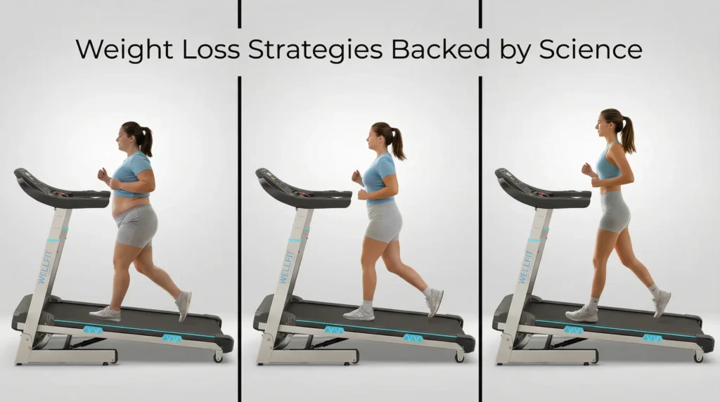Treadmill Weight Loss Strategies Backed by Science header image showing three-panel progression of woman walking/running on treadmill in blue athletic shirt and gray shorts, demonstrating fitness journey stages from left to right against white background