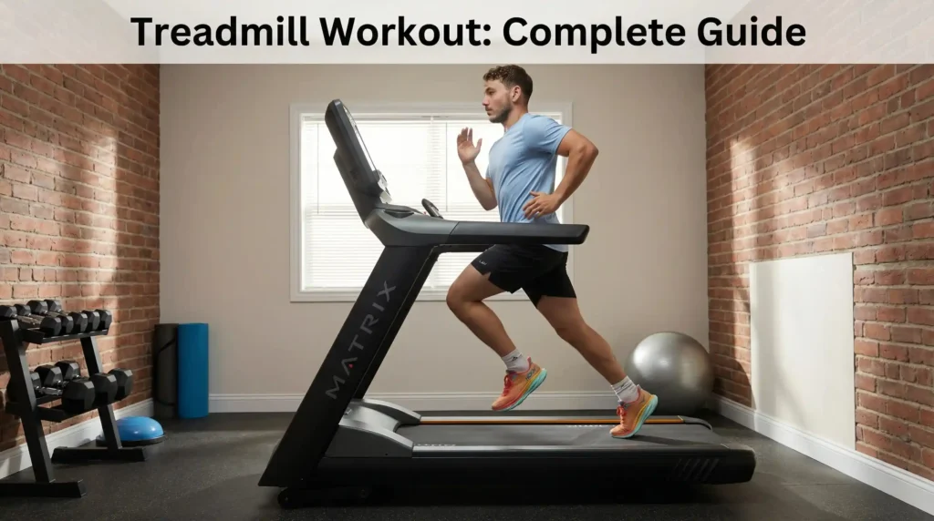 Treadmill Workout Complete Guide header image showing Milutin running on commercial treadmill in blue athletic shirt, black shorts, and orange running shoes in home gym with exposed brick walls, dumbbell rack, stability ball, and natural window lighting