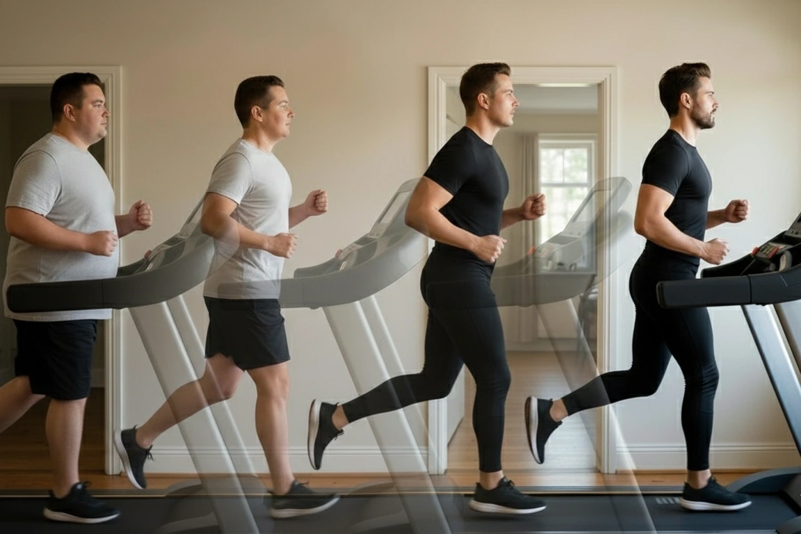 visual representation of a weight loss transformation journey using a treadmill routine for maximum fat burn.