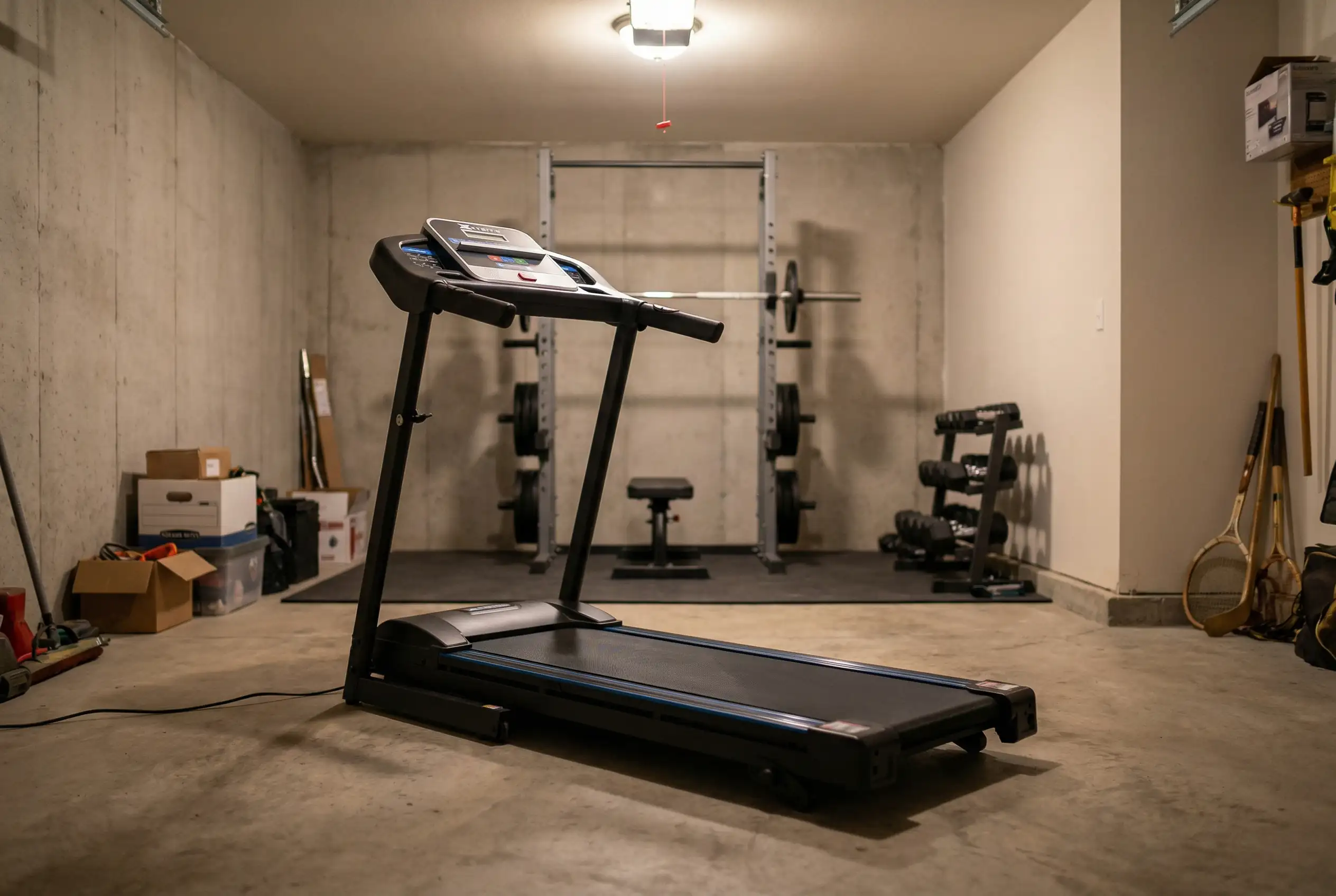 XTerra Fitness TR150 treadmill in basement gym with power rack, concrete walls, and weight training equipment