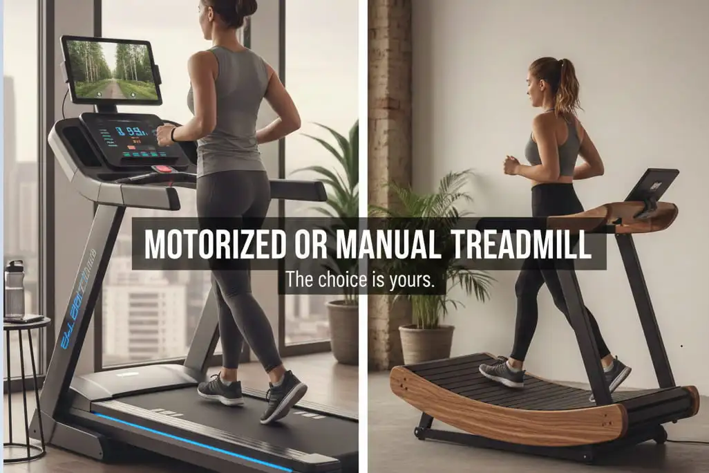 manual vs motorized treadmill Comparison of a motorized treadmill with a screen versus a curved manual wooden treadmill.