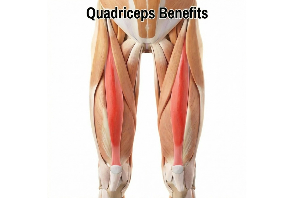 Medical illustration showing the highlighted quadriceps muscles on a human body with the text 'Quadriceps Benefits'.