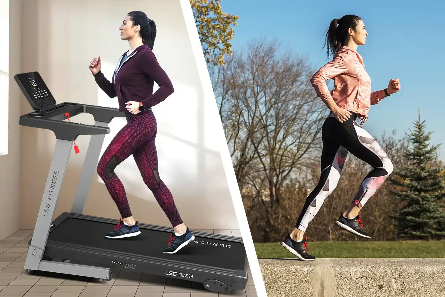 A side-by-side comparison of a woman running on an LSG Fitness treadmill indoors versus running outdoors on a sunny day.