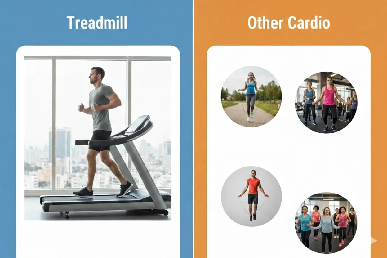 A comparison chart titled Treadmill and Other Cardio featuring a man running on a treadmill and statistics for jumping rope and cycling.