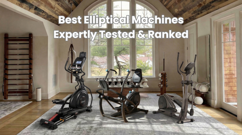 Best Elliptical Machines header image showing four different elliptical and cross-trainer models including upright ellipticals and recumbent cross trainer arranged in luxury home gym with arched windows, exposed beam ceiling, wooden stall bars, chrome dumbbell collection, hardwood flooring, and natural lighting, with text 'Best Elliptical Machines - Expertly Tested and Ranked'