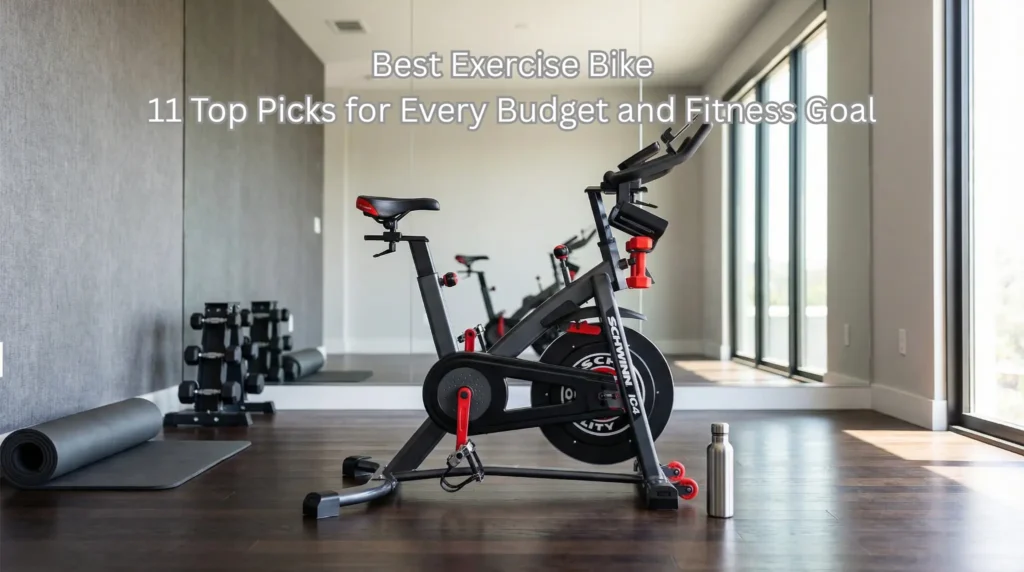 Best Exercise Bike hero image showing Schwinn IC4 indoor cycling bike with red accent hardware and large flywheel on dark hardwood floor in modern home gym with floor-to-ceiling windows, full-wall mirror, dumbbell rack, rolled yoga mat, and stainless steel water bottle, with text 'Best Exercise Bike - 11 Top Picks for Every Budget and Fitness Goal' in two rows