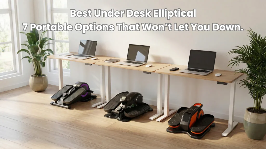 Best Under Desk Elliptical header image showing three compact under-desk ellipticals — with purple, green, and orange accents respectively — lined up beneath a long white standing desk with three open laptops on bamboo flooring in a bright minimalist room with large windows and potted tropical plants