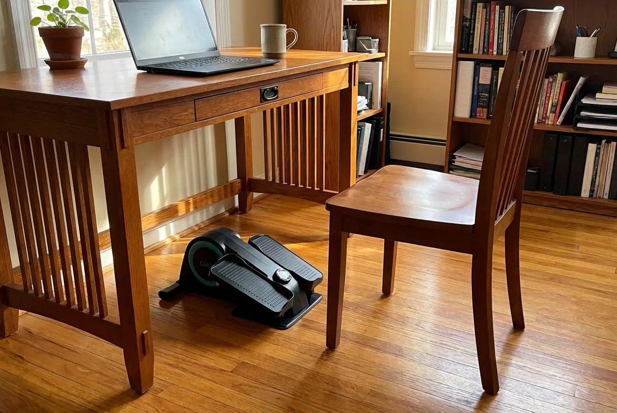 Cubii JR1 compact under-desk elliptical on hardwood floor beneath mission-style cherry wood desk with open laptop, ceramic mug, and potted plant, with matching slat-back chair and bookshelf filled with books and binders in warm sunlit home office