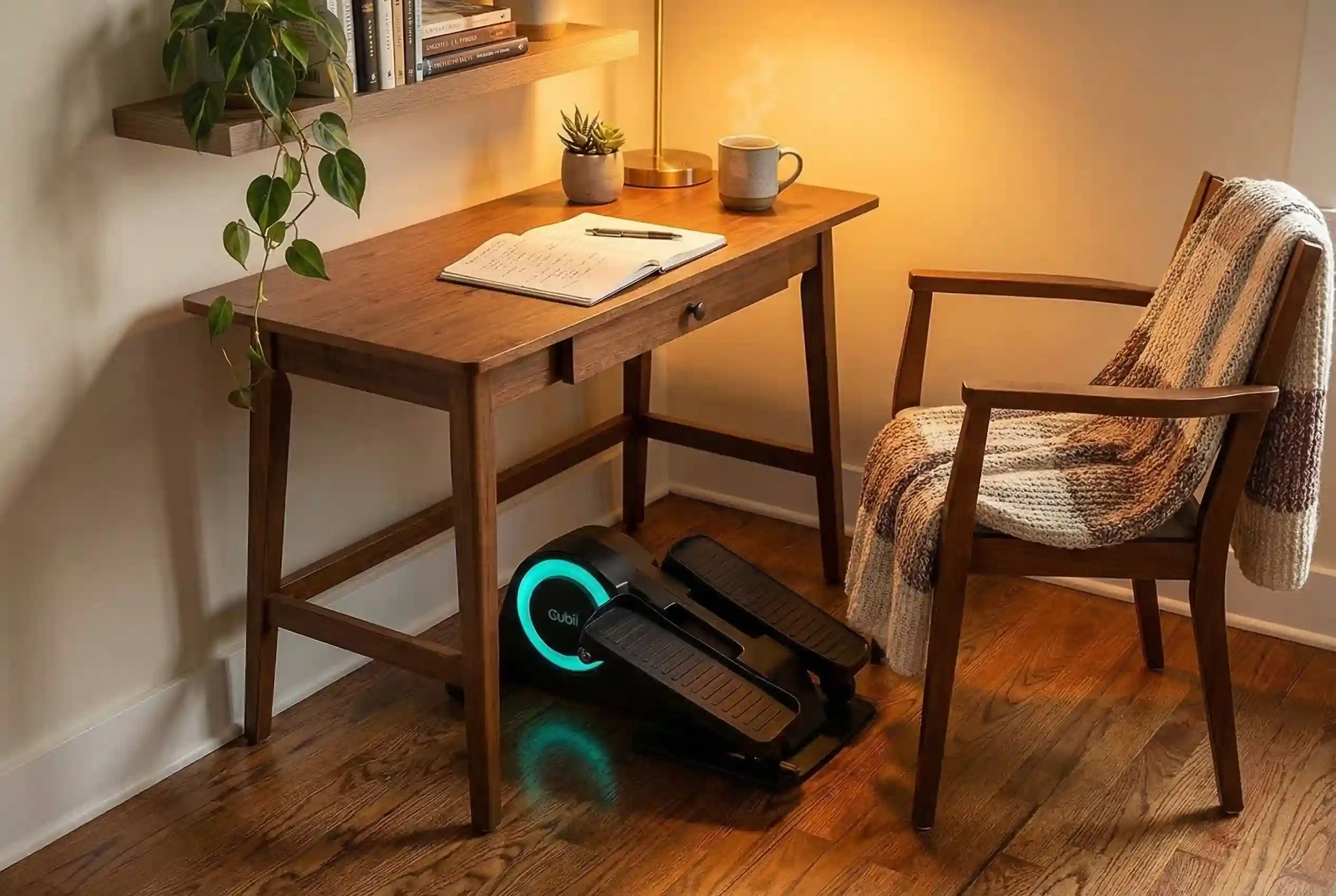 Cubii JR1 compact under-desk elliptical with teal accent ring positioned on hardwood floor beneath mid-century walnut desk with brass lamp, open notebook, succulent, and ceramic mug, with upholstered armchair and knit throw blanket alongside