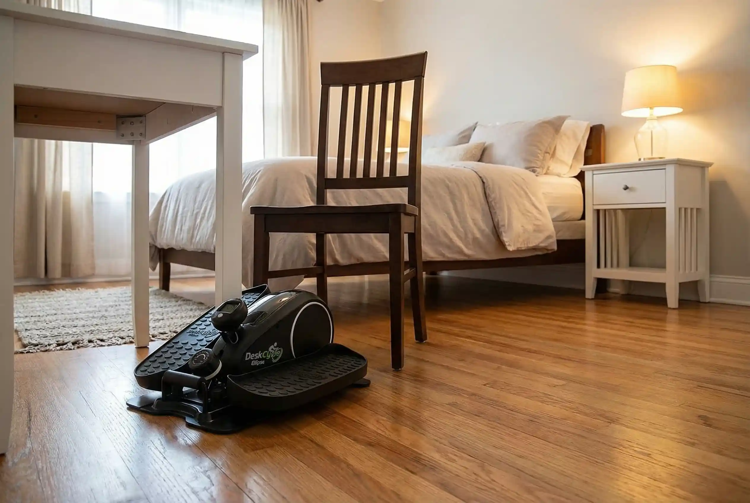 DeskCycle Ellipse compact under-desk elliptical with built-in display on hardwood floor beneath white desk, with dark wood slat chair, queen bed with neutral bedding, white nightstand, and warm table lamp in bedroom setting