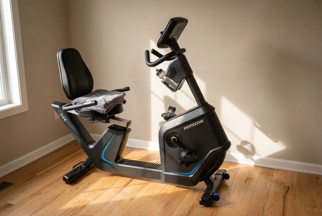 Horizon-Fitness-5.0R-Recumbent Horizon Fitness 5.0R recumbent bike with padded seat back, blue accent trim, tablet holder, and water bottle cage on hardwood floor in sunlit corner room with beige walls