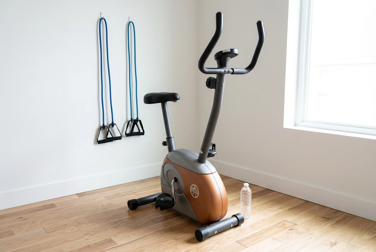 Marcy-ME-708 Marcy ME-708 upright exercise bike with bronze and gray flywheel housing, padded saddle, and T-bar handlebars on hardwood floor in minimalist white room with resistance bands hanging on wall and water bottle beside it