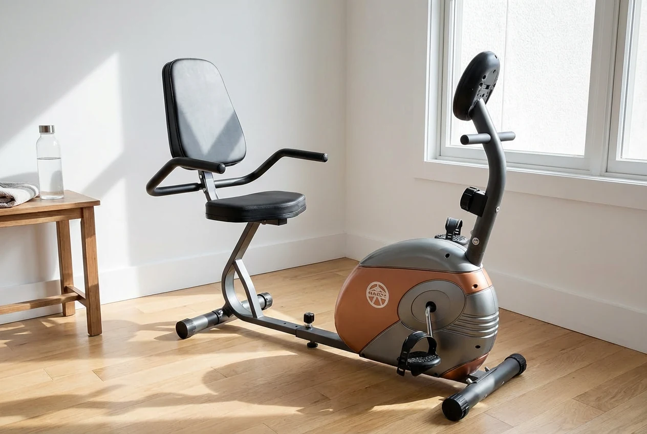 Marcy-ME-709-Recumbent Marcy ME-709 recumbent exercise bike with padded seat back, armrests, bronze and gray flywheel housing, and digital console on hardwood floor in bright minimalist room with small wooden side table, water bottle, and folded towel