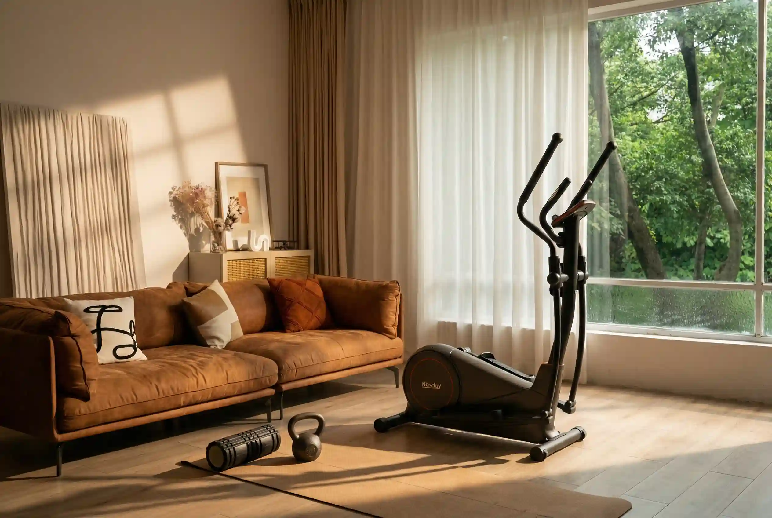 Niceday-CT11S Niceday CT11S elliptical machine with moving handlebars positioned in bright modern living room with tan leather sofa, floor-to-ceiling windows overlooking greenery, beige curtains, exercise mat, kettlebell, and foam roller