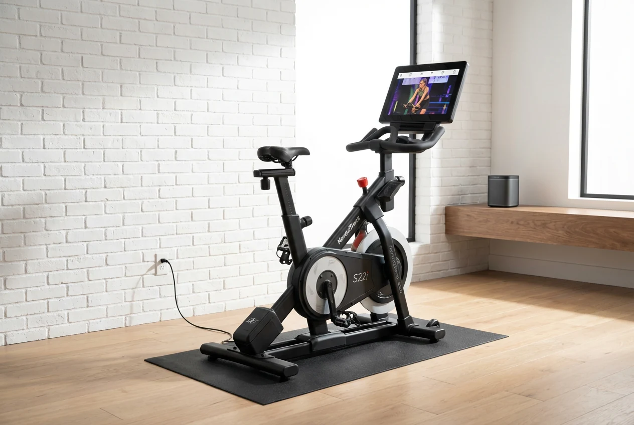 NordicTrack-S22i NordicTrack S22i studio cycling bike with large touchscreen displaying a cycling class, drop handlebars, red emergency brake knob, and large flywheel on rubber mat over hardwood floor in loft-style room with white brick wall and wood windowsill
